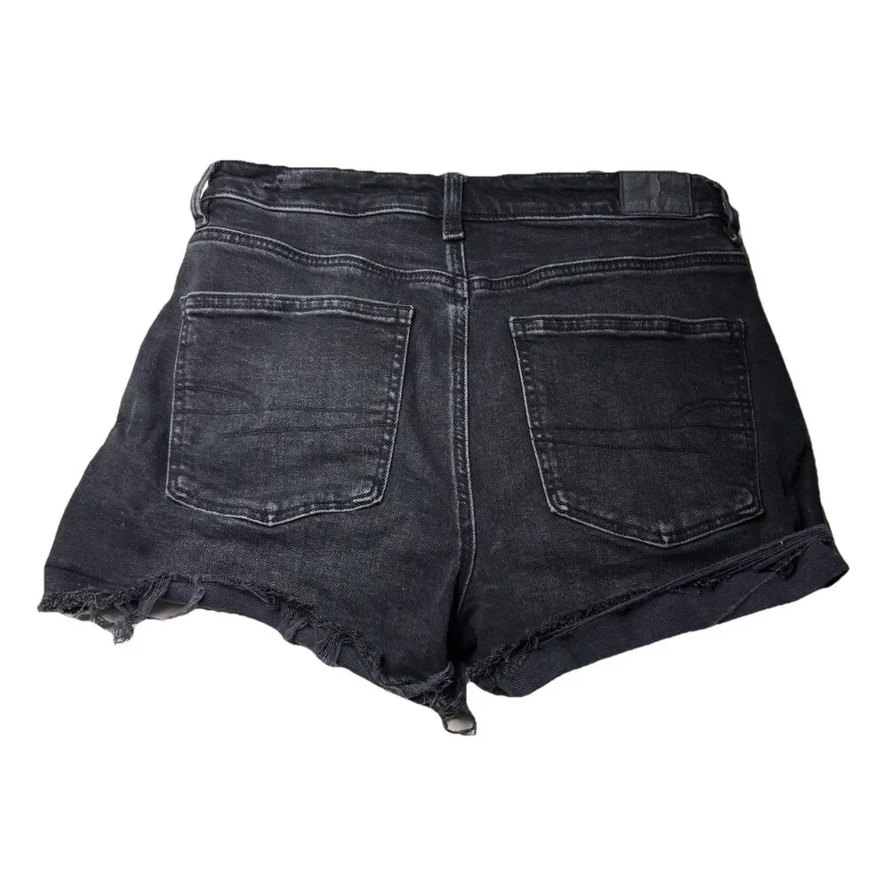 American Eagle Mom Shorts Denim Distressed Black Jean High Rise Stretch Size 4